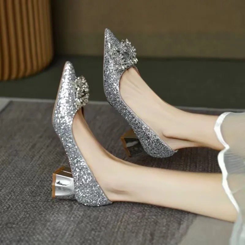 Women's Fashion Thick Heel Shoes Fall New Pointy Head Shallow Mouth Sequin Cloth Diamond-like Buckle Temperament Low Top Shoes