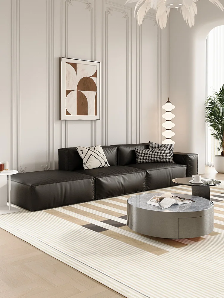 

Italian minimalist leather sofa first layer cowhide living room black tofu block Internet celebrity large and small apartment