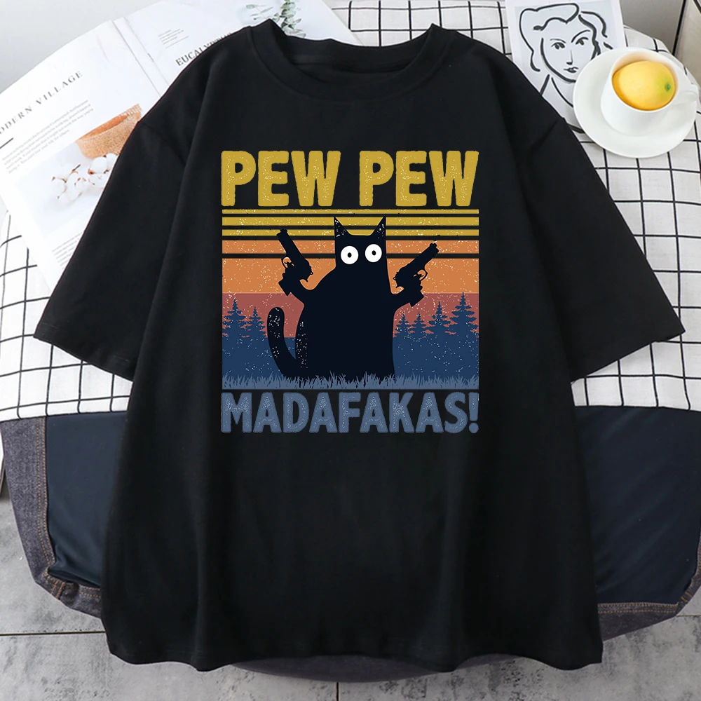 Pewmadafakas-男性用の黒の猫がプリントされたTシャツ,綿の衣類,個性的なヴィンテージのTシャツ,カジュアルなトレンド,半袖