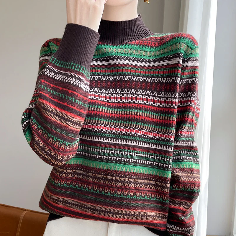 2024 autumn and winter cashmere sweater retro high neck sweater women\'s cashmere sweater color striped pullover top