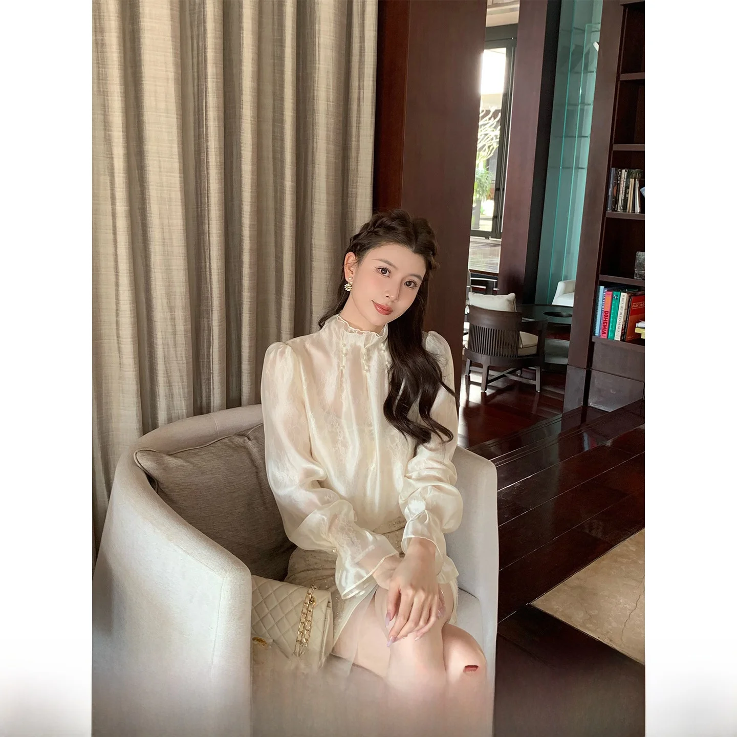 

KUN Women's Lace irt Spring Collection Translucent Thin Design French Sle Loose Fit Long Sve round Ne Polyester Fiber