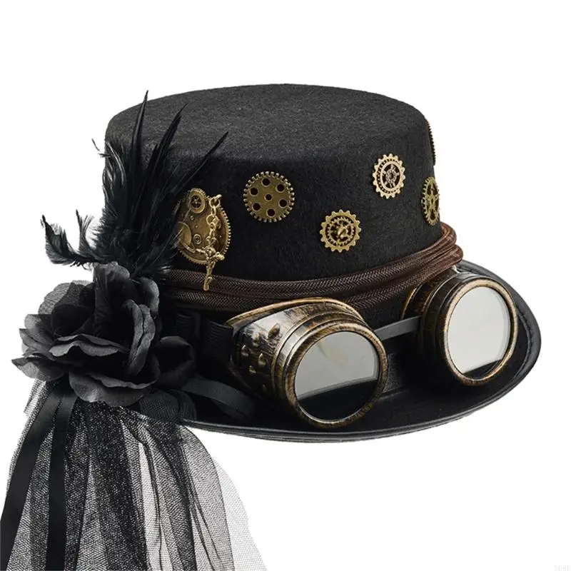 Steampunks-Themen-Mesh-Schleier-Top-Cap mit verstellbaren Brillendekoren, Modeaccessoire, Halloween-Kostümhüte, Y08E – Detail 4