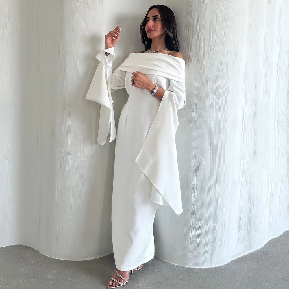 

Customized Boat Neck Simple Straight Jersey Women's Evening Dress Off the Shoulder Backless Party Dress Ankle Length Prom Gown