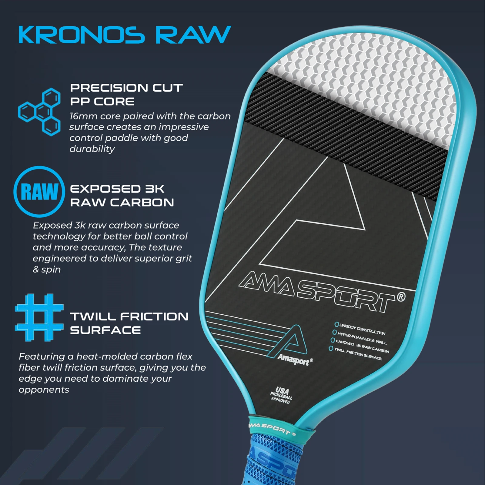 3K Raw Carbon Anti-Slip Ridge Grip Thermoformed Pickleball Paddle Friction Surface Textured Top