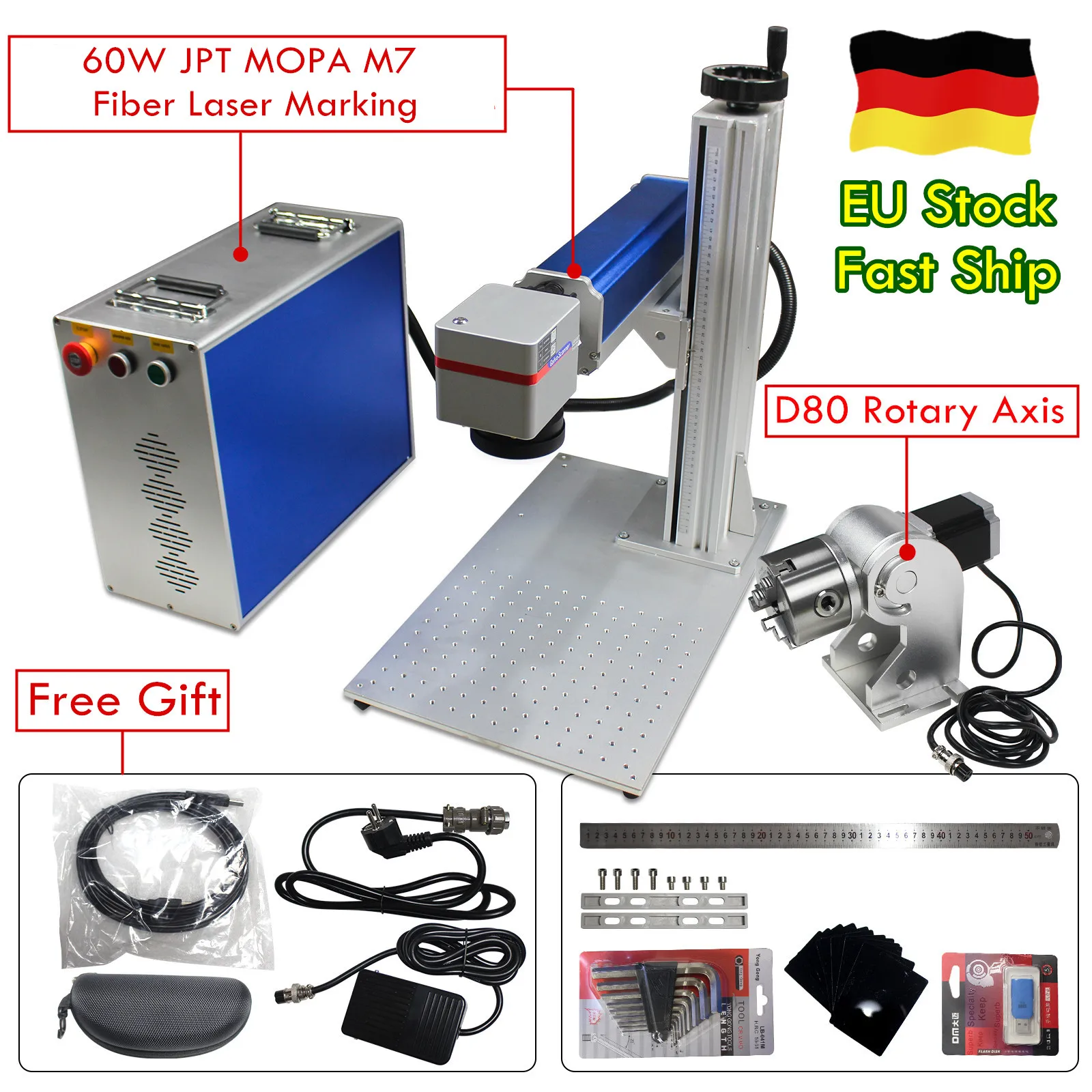 【EU Ship】JPT M7 MOPA 60W Fiber Laser Marking Machine 200x200mm+70x70mm lens for Metal Ring Jewellery Rotary Axis EZCAD2 software