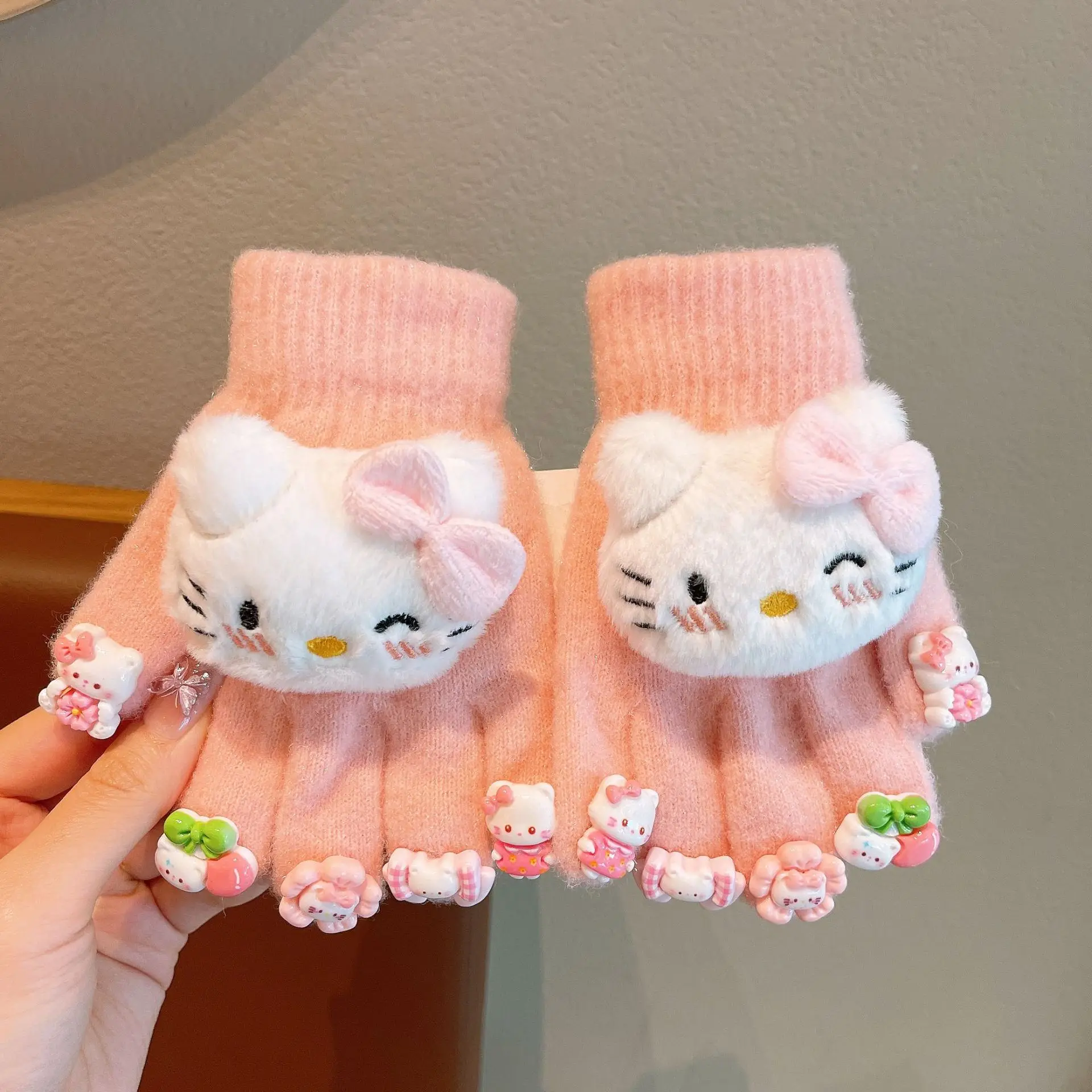 Sanrio luvas infantis meninas outono e inverno novo kuromi capa de cinco dedos acolchoado quente frio luvas de dedos divididos