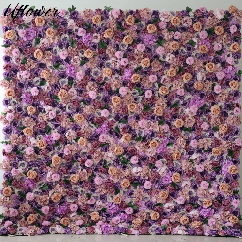 

Uflower Luxury Romantic Pink Rose Hydrangea Babysbreath Cloth Flower Wall Wedding Event Backdrop Fabric Floral Wall Arrangement