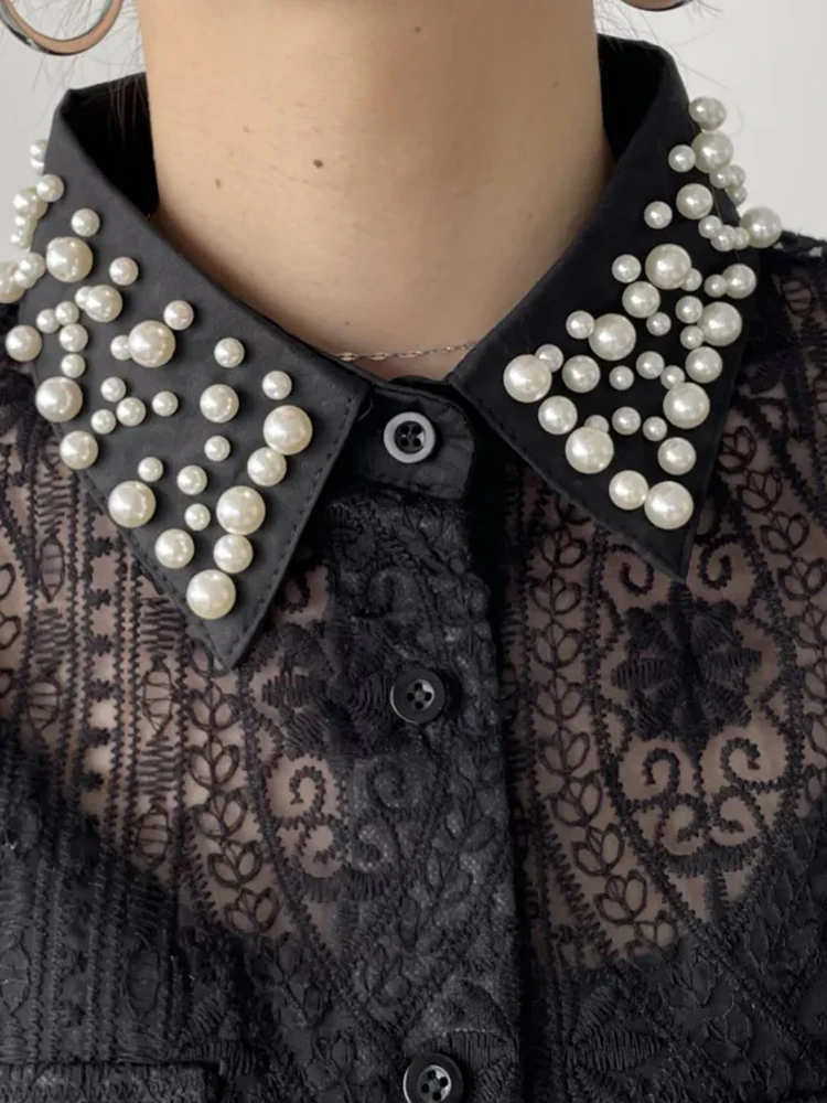 HAND-Made ลูกปัดตะขอดอกไม้ Hollow OUT เสื้อสีดําผู้หญิงแขนยาวหลวม Casual Cropped TOP เสื้อแฟชั่นเสื้อโปร่งใส