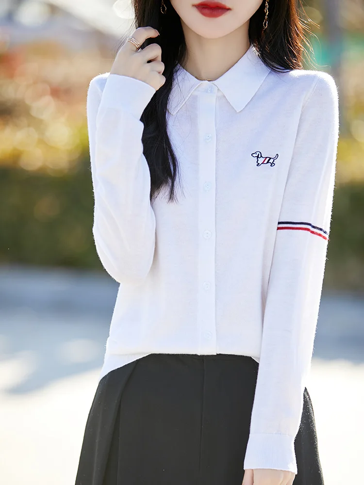 メリノウールニットカーディガン,100% メリノウールセーター,長袖衣類,刺embroideryトップス,ポロカラーのアウター,軽くて贅沢,春