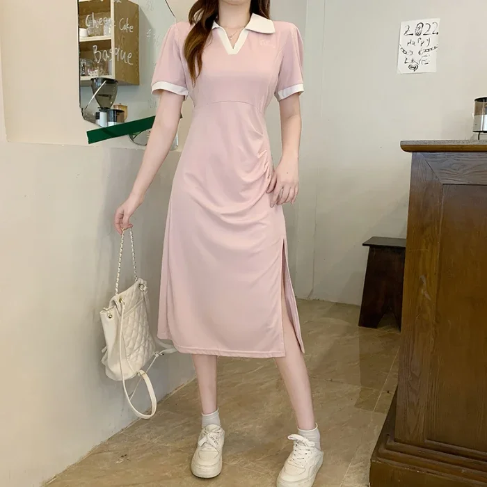 

Fashion A-Line Casual Dresses korean Summer preppy style Dress v-neck High Waist Solid vent Maxi vestidos elegantes para mujer