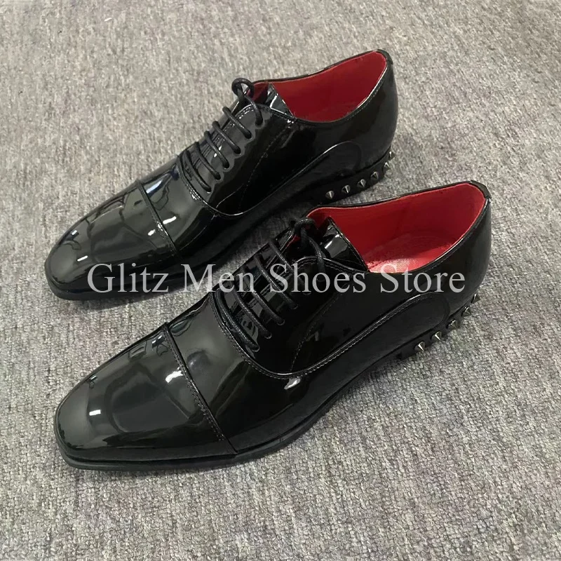 Black Patent Leather Studded Loafers Shoes for Men Small Square Toe Lace-up Loafers Business Formal Wedding Dress Men\'s Shoes