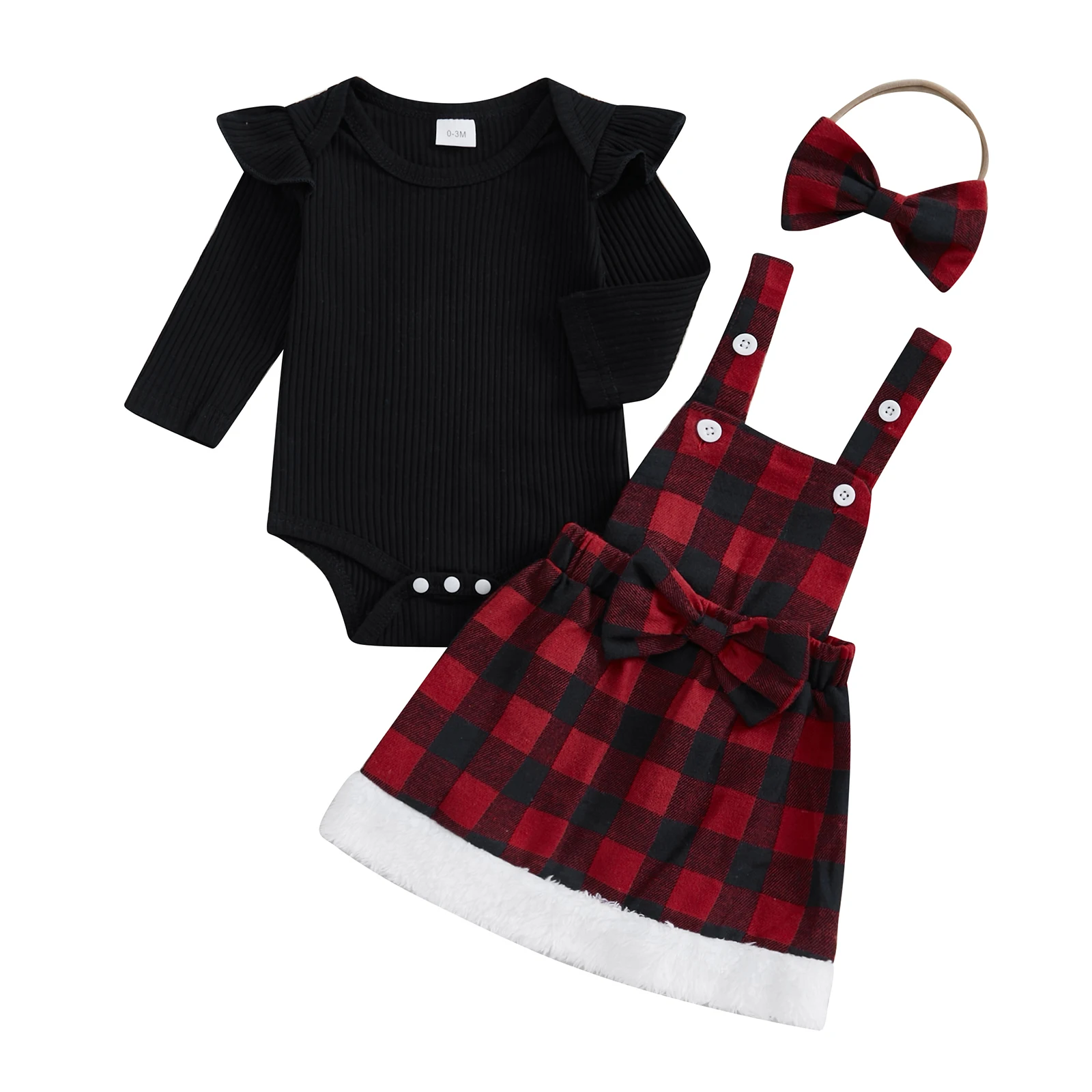 2025 New Years Baby Girl Christmas Outfit Ruffle Long Sleeve Ribbed Romper Tops Plaid Suspender Skirt with Headband 3 Piece Set