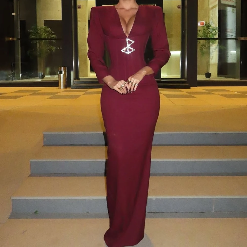 

Customized Straight Evening Dresses Floor-length V-neck Full Sleeve Prom Gown Simple Fashion Crystal Casual Party Gown