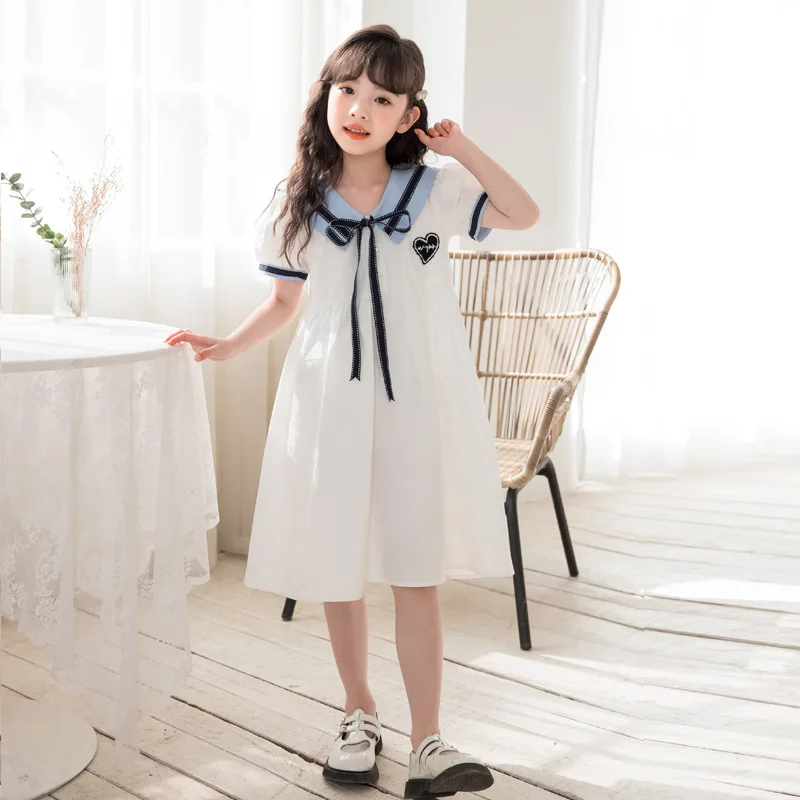 

Girls' Short-Sleeved Skirts, Cotton College Shirts, Princess Skirts, White Lapels, Large Children's Dresses, Summer Dresses
