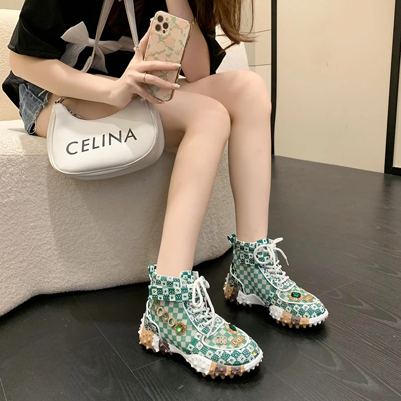 Spring and Autumn Rhinestone Ladies Sneakers Tide Drill Breathable High-Top Lace-Up  Casual Thick Sole Daddy Shoes Flannel