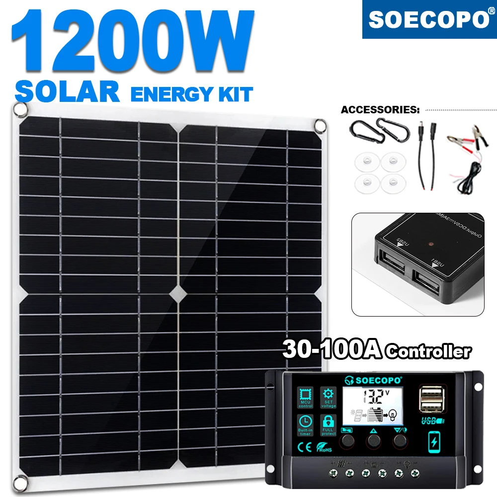 SOECOPO Solar Kit 1200W Panel, 30 - 100A Smart Controller – Perfect for Camping, Off - Grid Power, Outdoor Use, Renewable Power
