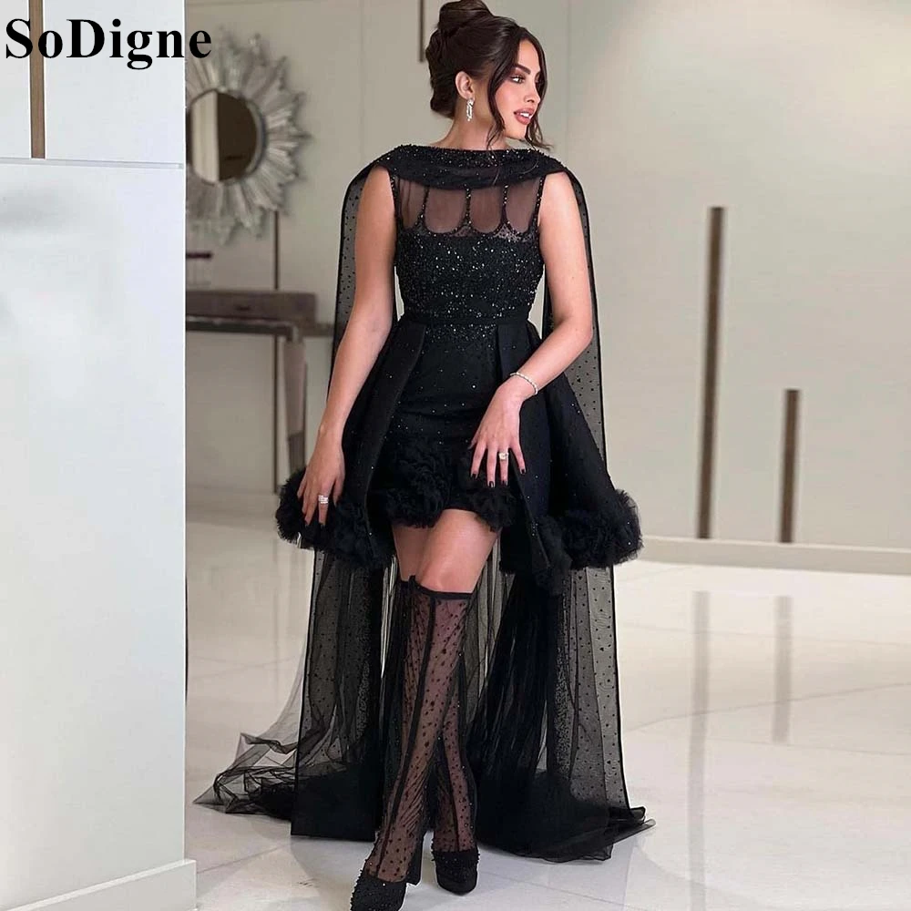 

SoDigne Luxury Black Arabic Short Evening Dresses with Cape A-Line Ruffles Crystal Mini Cocktail Party Dress for Women Customize