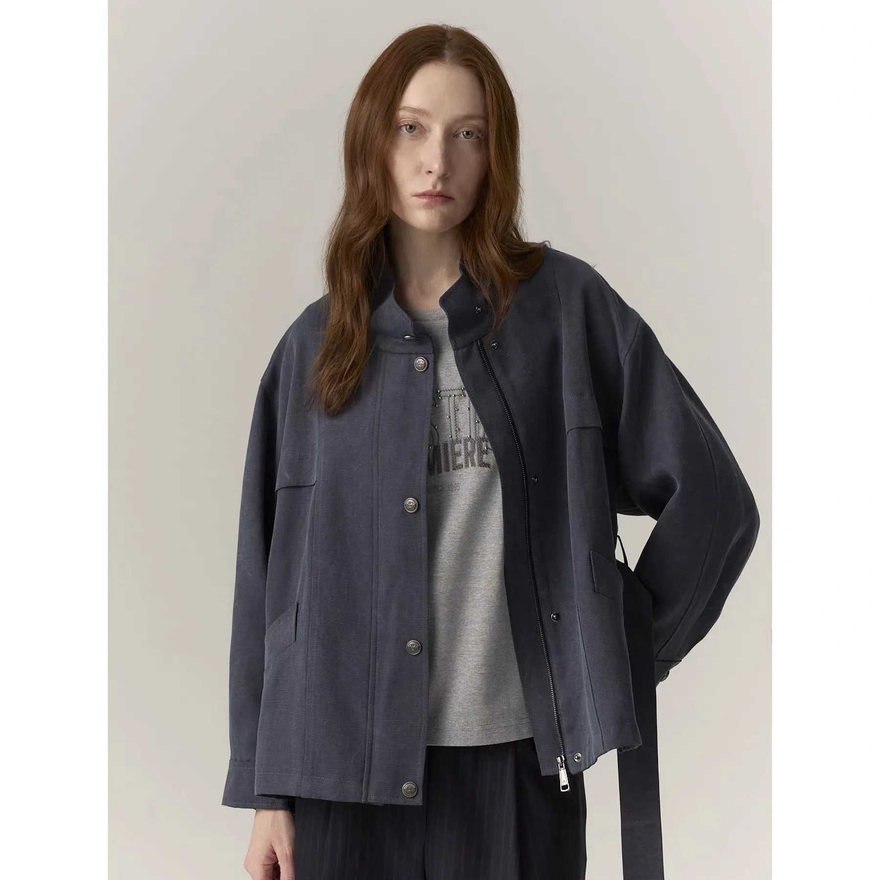 

Куртка NingYao MIC26 в повседневном индустриальном стиле с воротником-стойкой и регулируемой талией для женщин, свободный крой, для поездок на работу