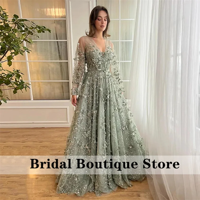 

Green Long Sleeves Evening Dress 2025 Appliques Beading Dubai Prom Party Wedding Party Gowns Vestidos Customized