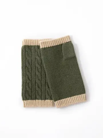 2024 Women 100% Baby Cashmere Cable Knit Mitts Two-Tone Fingerless Winter Thermal Gloves Semi Finger Drive Mittens Arm Warmers