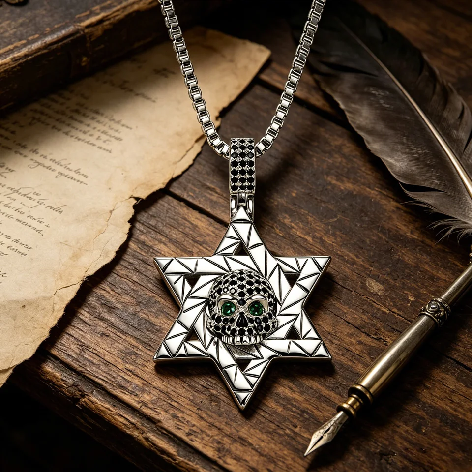 VANAXIN Hip Hop Iced Star of David Skull Pendant Necklace 18K Gold Plated with Green CZ Eyes Punk Streetwear Jewelry for Men
