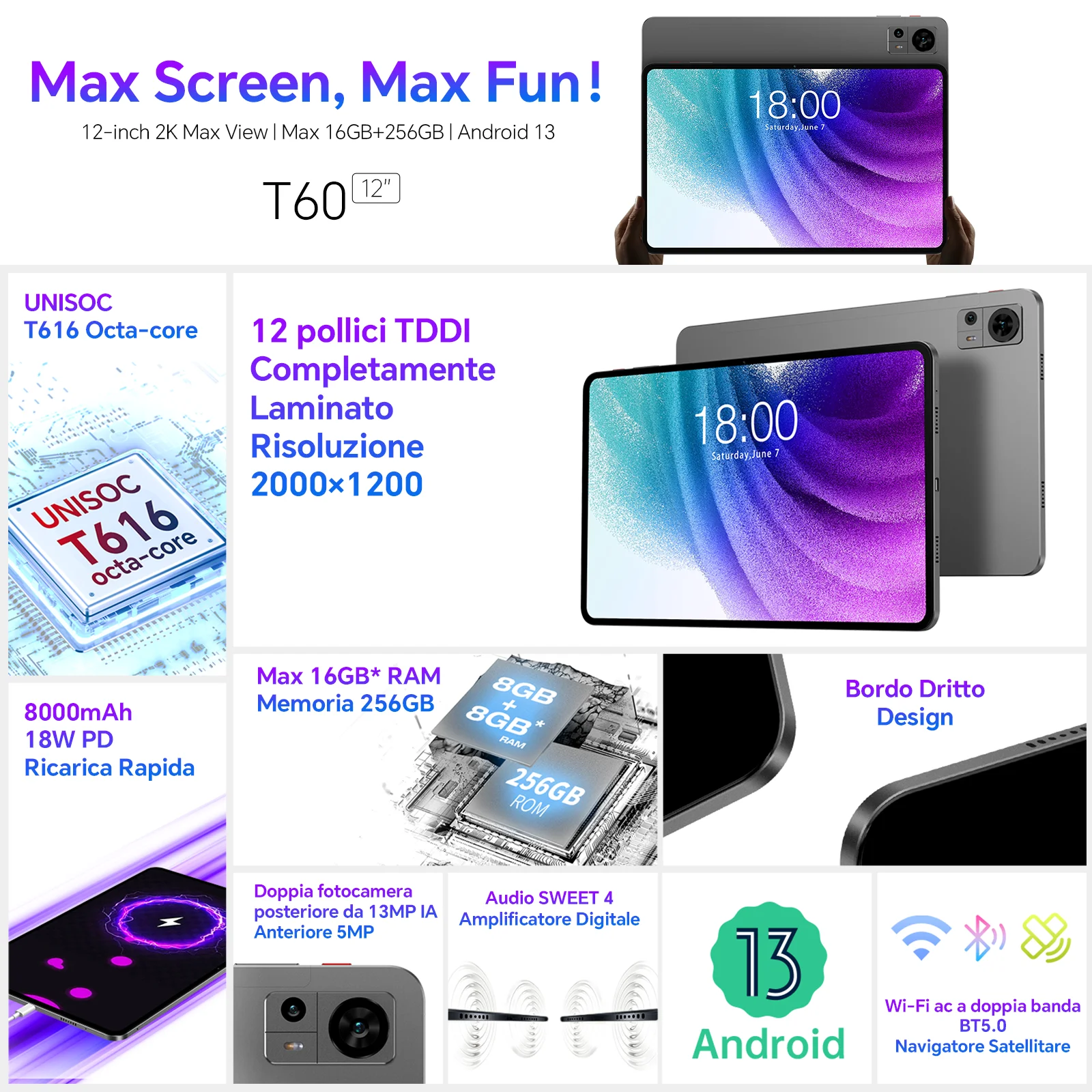 Extra large screen, TECLAST tablet T60, 12 \'\'2K FHD 2000x1200, Android 13, (8GB + 8GB)16GB RAM, ROM 256GB, 8000mAh, quick Charge UNISOC T616 8 core