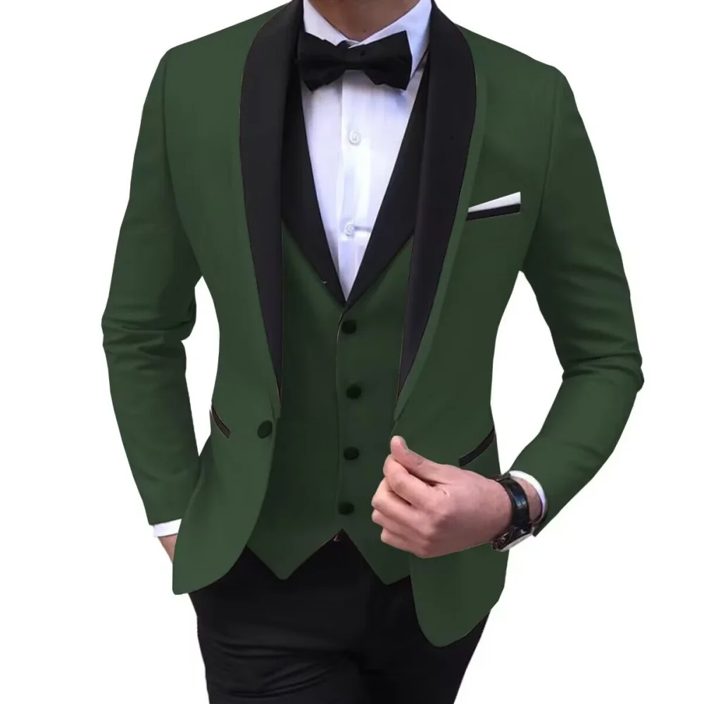 Conjunto masculino casual slim fit smoking de 3 peças – terno formal de negócios de cor sólida com lapela xale blazer de um botão colete calças