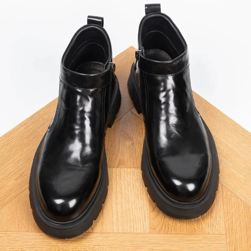 Autumn Winter New Leather Boots Men's Velvet Warm Chelsea Ankle Boots Zipper Anti-slip Thick Bottom Big Head Shoes