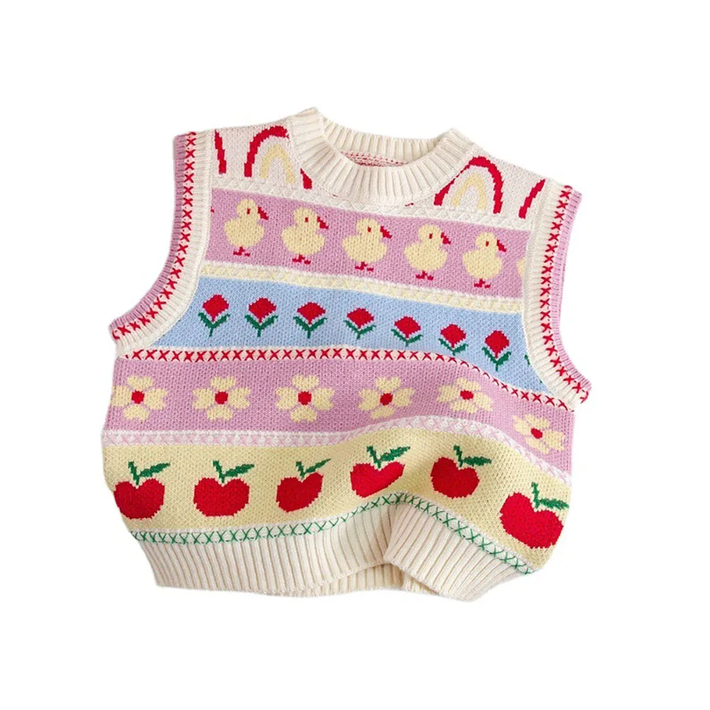 Cute Baby Girls Knitted Vest Spring Autumn Cartoon Striped Sleeveless Pullover Sweaters Kids Girl Waistcoat Children Clothes