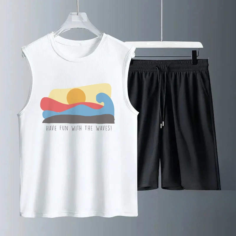 

Лето 2025 г., повседневные мужские комплекты с цветными каракулями и принтами волн и закатом, костюмы без рукавов, повседневная одежда, легкие и удобные для мужчин