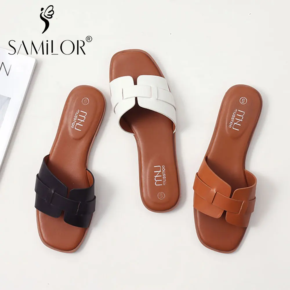 Samilor 2025 Womens Square Headed Slippers Expose Toes PU Flat Shoes Sandals Outdoor Beach Shoes Vacation Minimalist Slippers