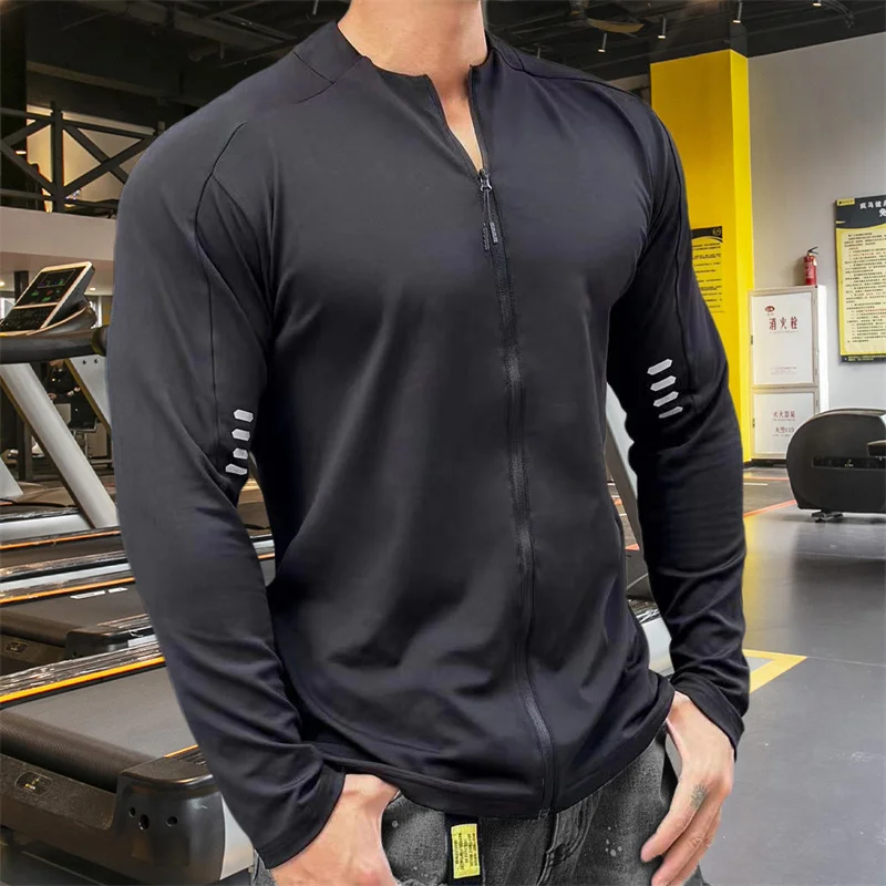 Men's pure color round collar Light Weight Slim Workout zipp