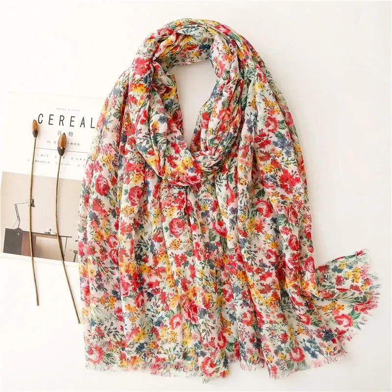 Women Cotton Linen Scarf Floral Print Tassel Shawl Vintage Patchwork Viscose Muffler Fashion Decoration 180*90cm