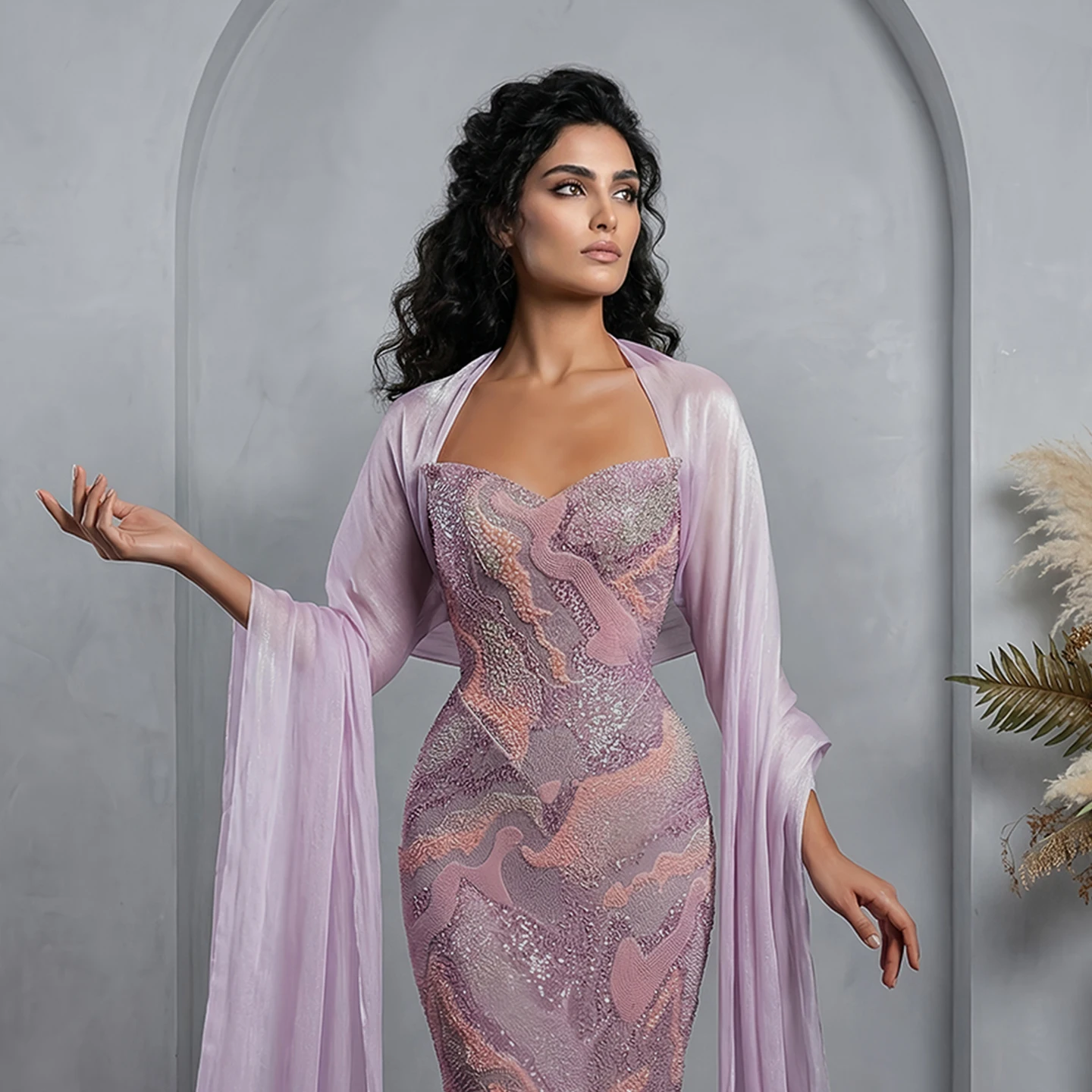 Sharon Said Abendkleider Luxuriöses Etuikleid mit Herzausschnitt, Tüll, Perlen, Cape, Pailletten, Dubai, formelles Hochzeits- und Partykleid SS658, maßgeschneidert – Detail 5