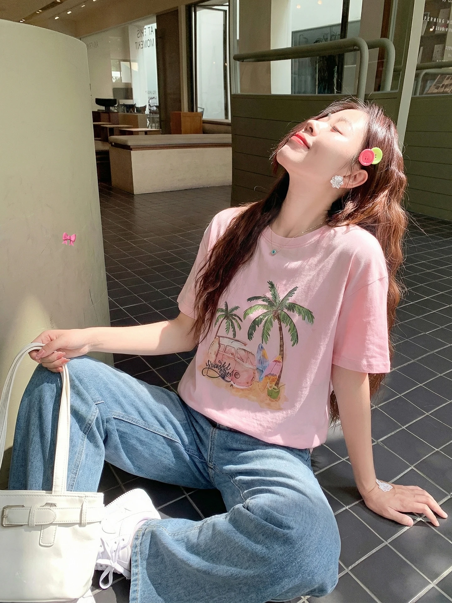 

Zeng Xiao Salt ort Sve T-irt Women's Loose Casual Summer Vaion Sle Pink Top New Model Korean Version Commute Sle