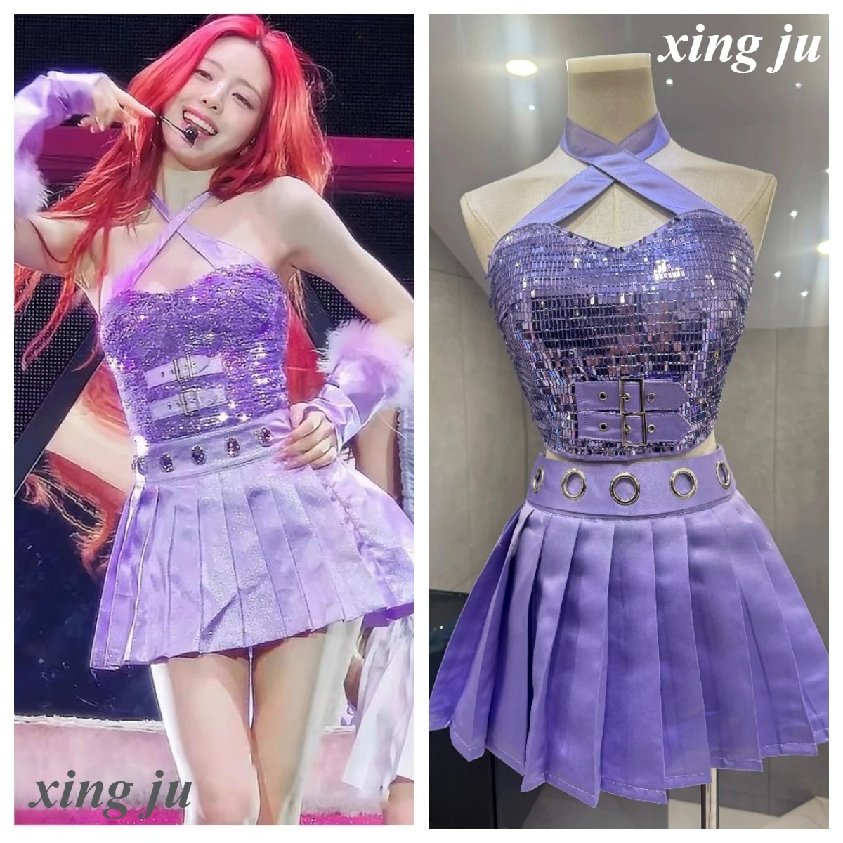 

Korean Women Group Kpop Outfits Purple Sequined Halter Vest Crop Tops Sexy Pleated Short Skirt Women DJ Stage Cosplay Costumes