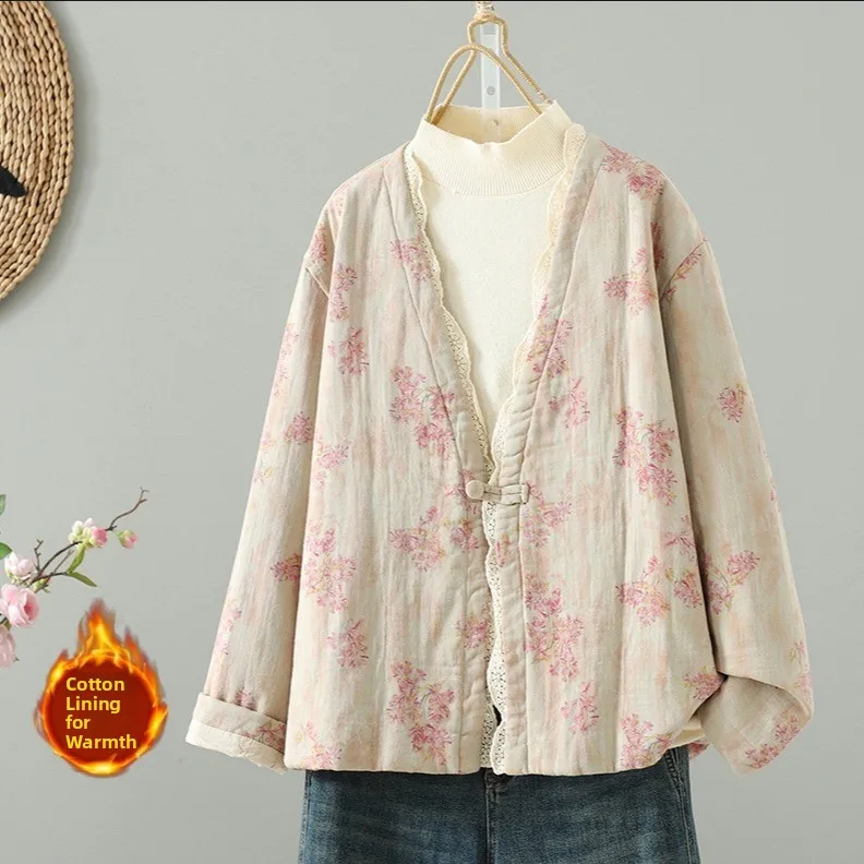 

Женская свободная теплая куртка в ретро-китайском стиле с кружевной отделкой, хлопковая, с длинными рукавами, утепленная, осенне-зимняя верхняя одежда