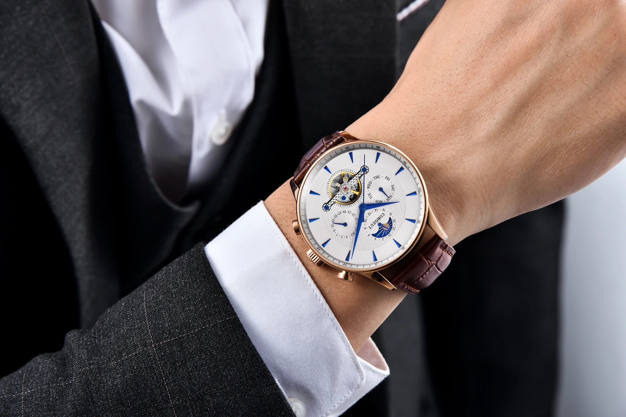 CORGEUT 44 мм Деловые модные роскошные часы для мужчин 50 м Водонепроницаемые минеральные стеклянные автоматические механические часы с датой недели и фазой луны