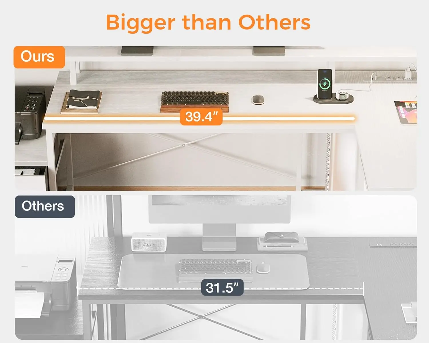 L-shaped desk with file drawers, 66 inch reversible L-shaped computer desk, game desk with monitor stand, corner table, White