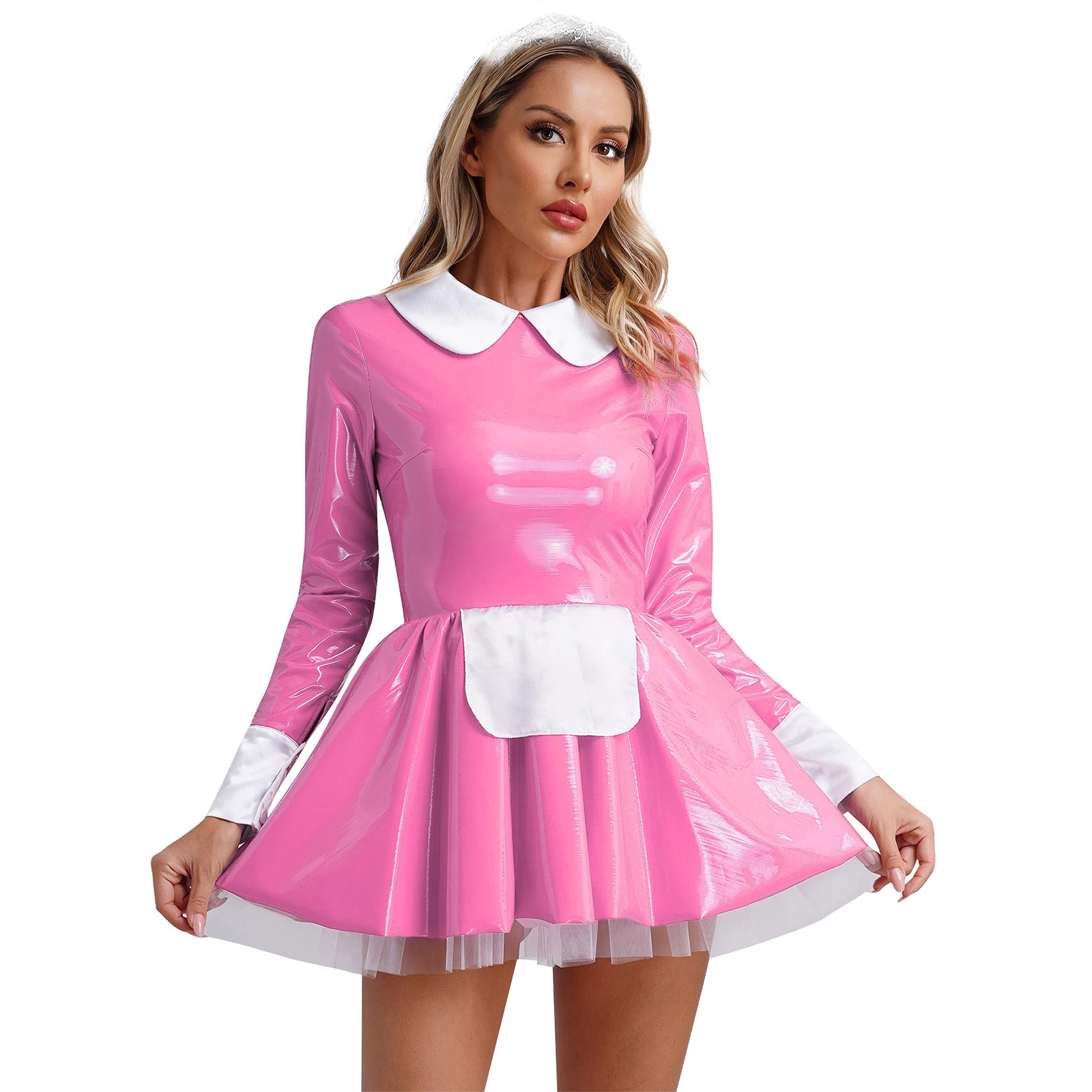 Halloween Maid Uniform Dress Womens Patent Leather Long Sleeve Apron Tulle Underskirt Dress+Floral Lace Headband Cosplay Costume