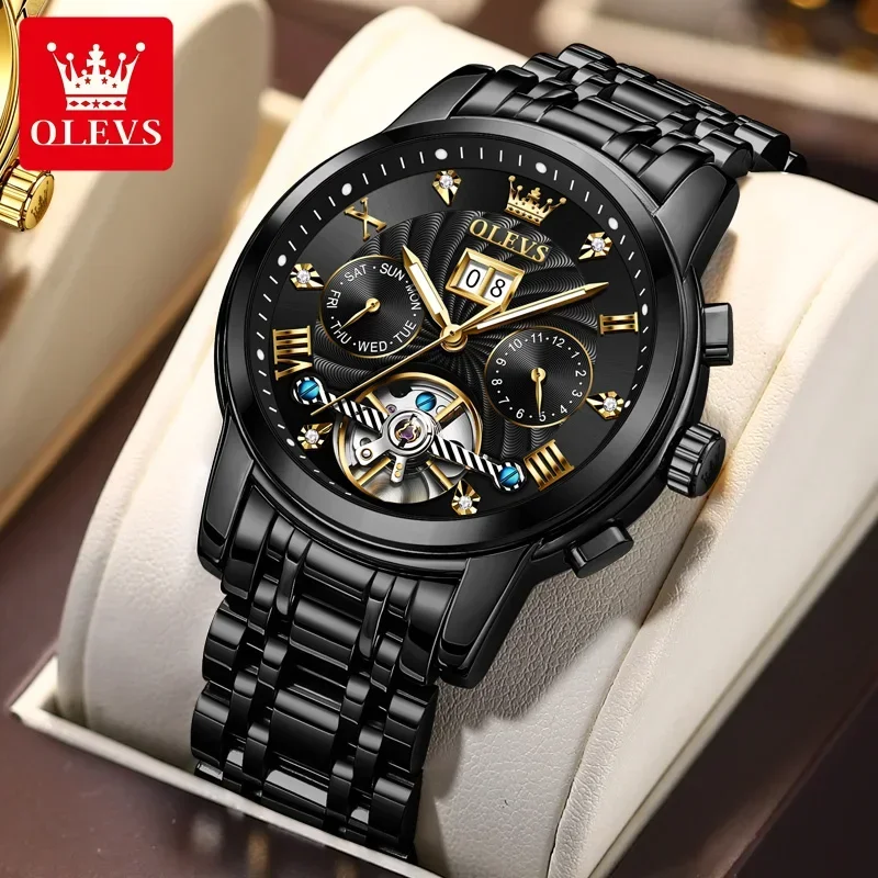 OLEVS Men's Watches Luxury Stainless Steel Automatic Mechanical Calendar Dial Waterproof  Luminous Fashion Business Wristwatches