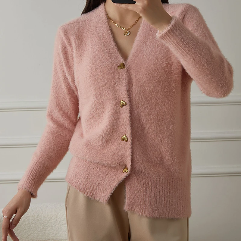 Elegante Mode Faux Nerz Pelz Strickjacken für Frau Y2K Französisch Herz Taste Pullover Oberbekleidung Frauen Herbst Neue V-ausschnitt Strickwaren