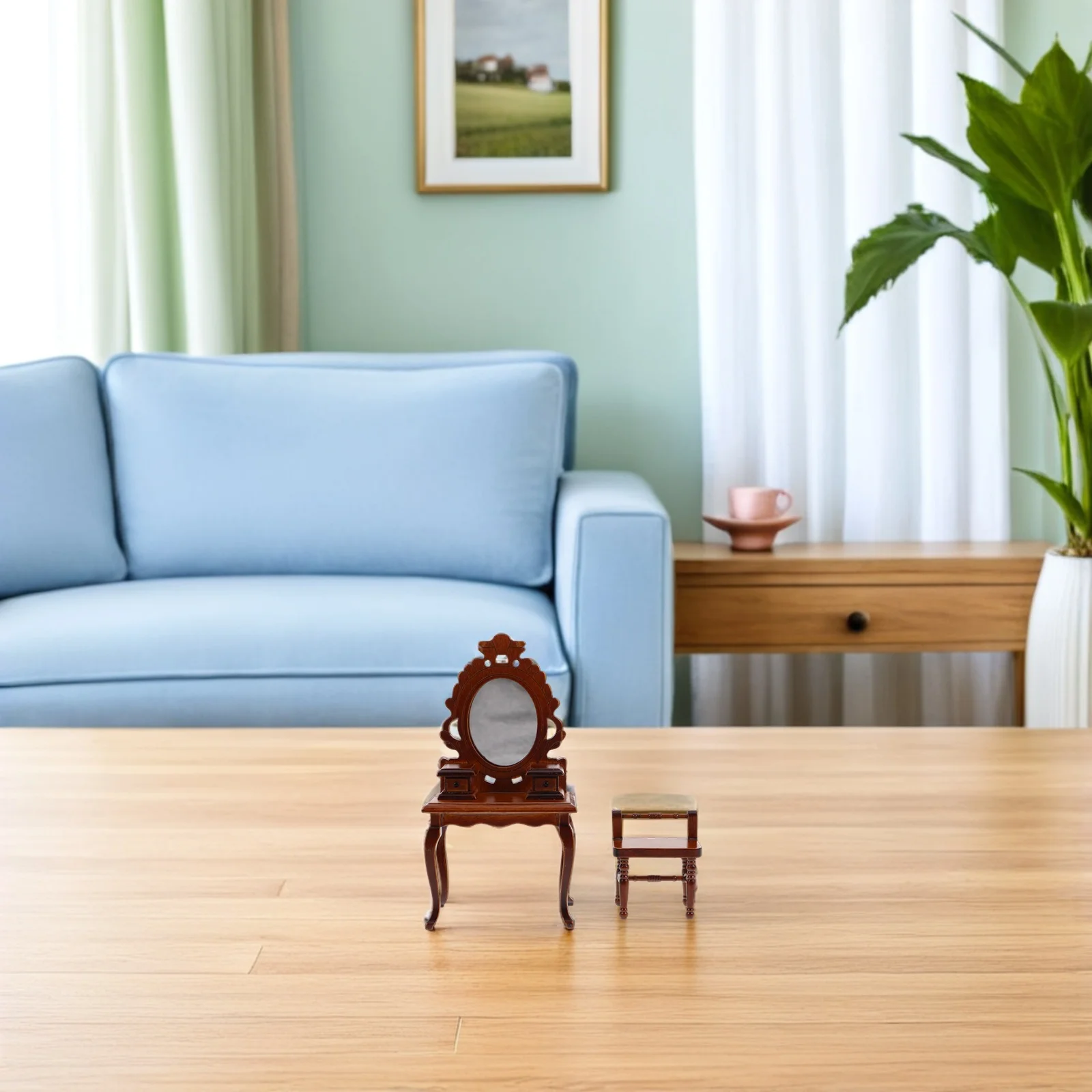 Legno 1:12 Casa delle bambole in miniatura vintage Tavolo da toeletta Specchio Sgabello Mobili per camera da letto Decorazioni creative Armadietto per casa delle bambole