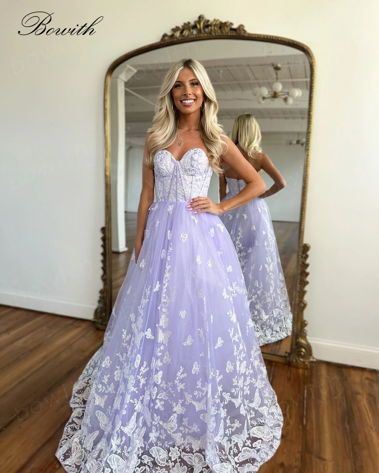 

Bowith Lilac Luxury Prom Dress with Applique Evening Dresses for Women Maxi Party Dresses vestidos de fiesta Customized Gown