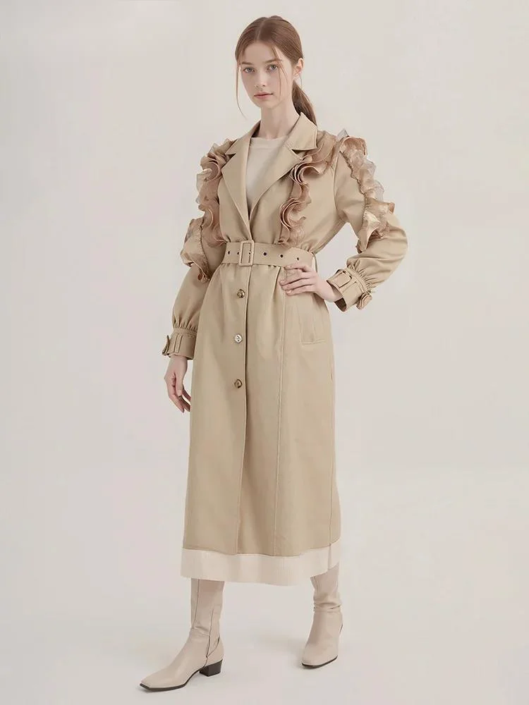 

Fashion Khaki Mesh Ruffle Patchwork Trench Coat Women's Lapel Loose Lantern Sleeves Windbreaker Autumn Spring New 79N6F