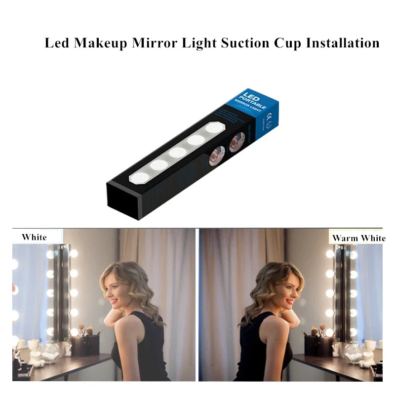 5 LED Bulbs Vanity Light USB Stepless Makeup Mirror Light Portable Wall Lamp Color Temperature Adjustable Touch Control