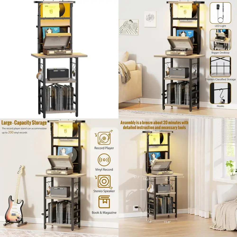 

Record Player Stand with Led Light,Record Player Table with Vinyl Storage,Turntable Stand with Record Holder Vinyls Display Shel