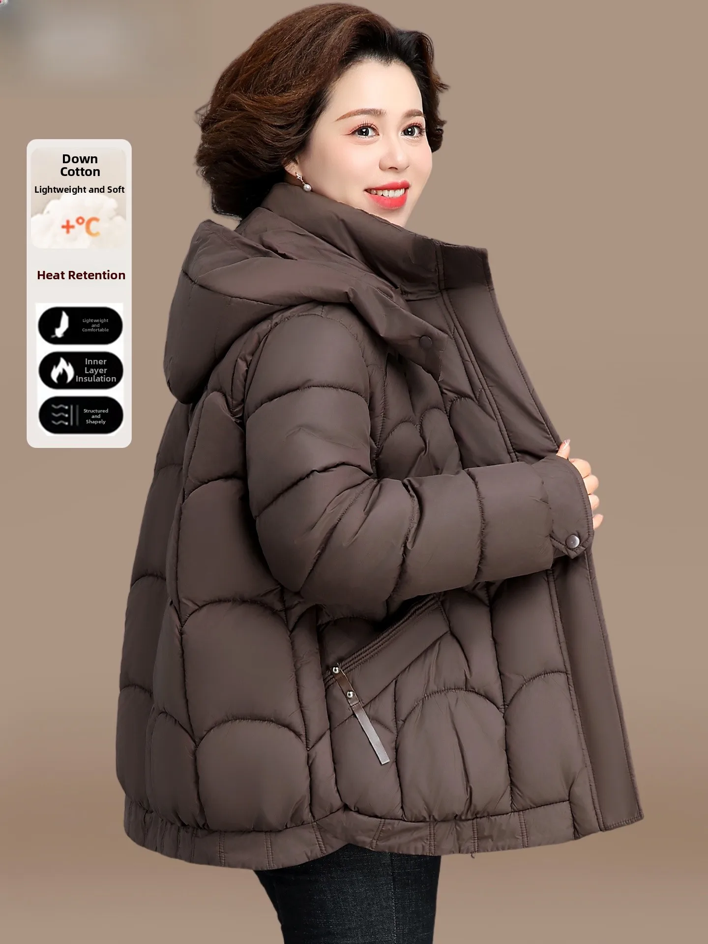 

Winter Faionable down Cotton Jaet for Middle-Aged Women Warm Thiened Stand Fit Women's Coat with kets Zipper Closure