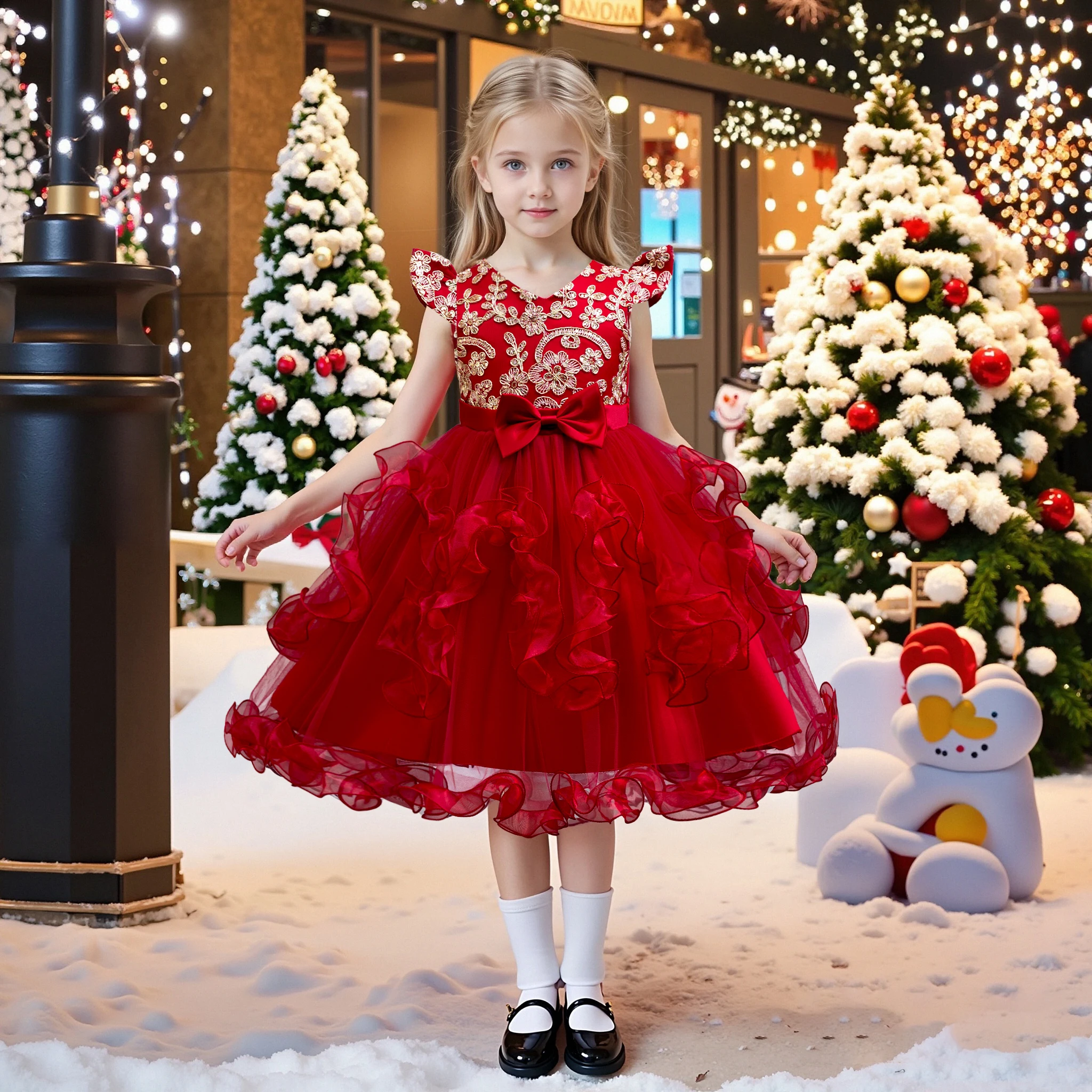 

Свадебное платье с вышивкой для девочек, платье принцессы для выступления на сцене с бантом из пайеток, короткий рукав, стандартный крой, всесезонное, вечерние