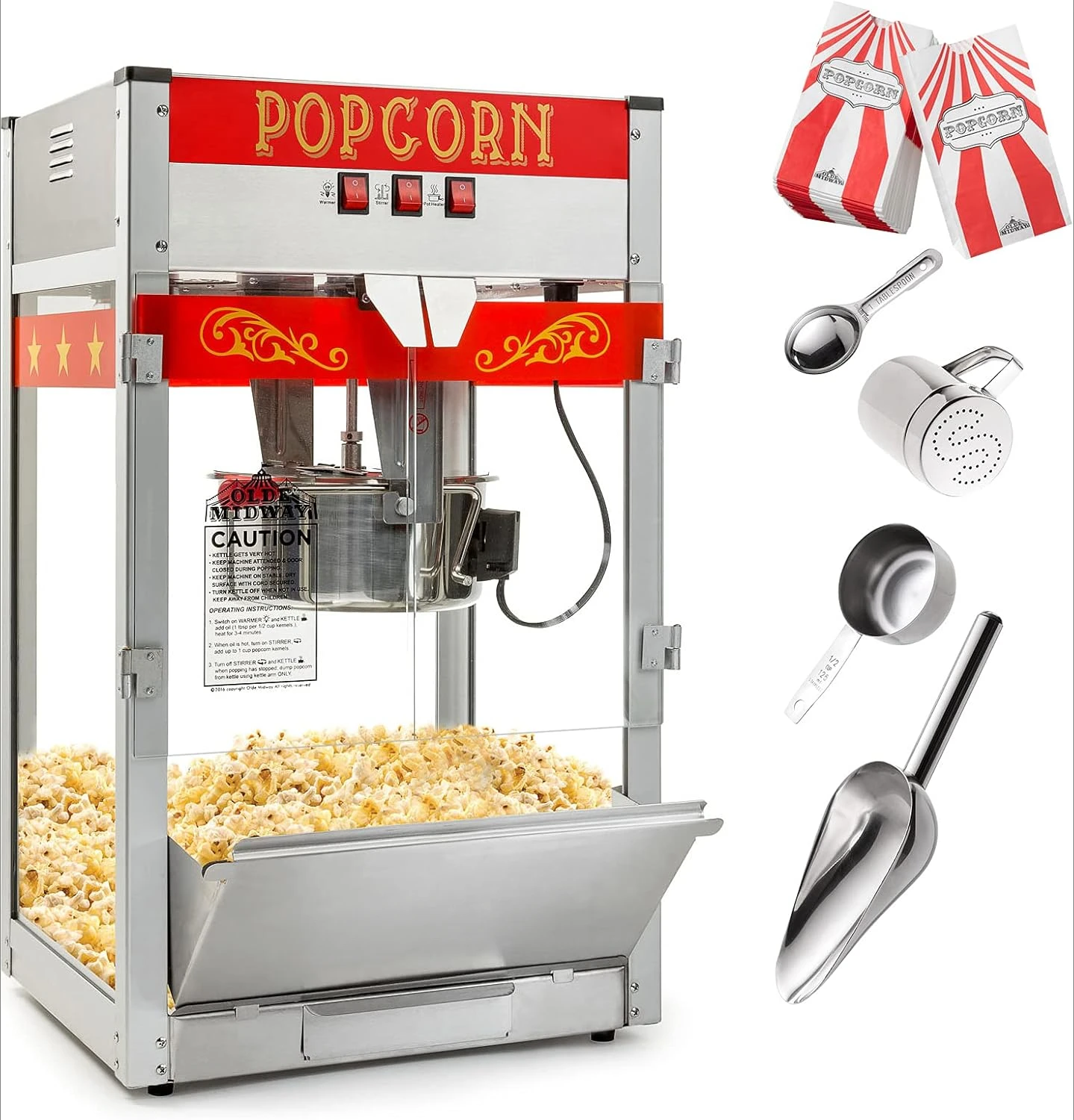 Commercial Popcorn Machine Maker Popper with Large 12-Ounce Kettle - Red